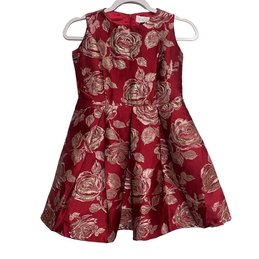 Childrens Place Girls Red Gold Rose Flower Pattern Dress‎ Size 14 Formal